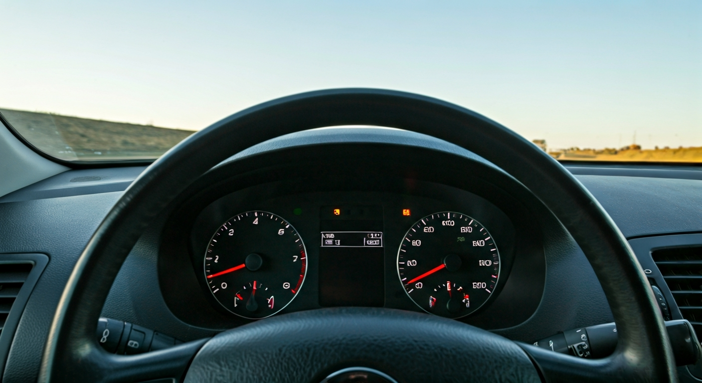 A car driving steadily on a road with its dashboard visible, indicating the engine is running and the battery is charging.