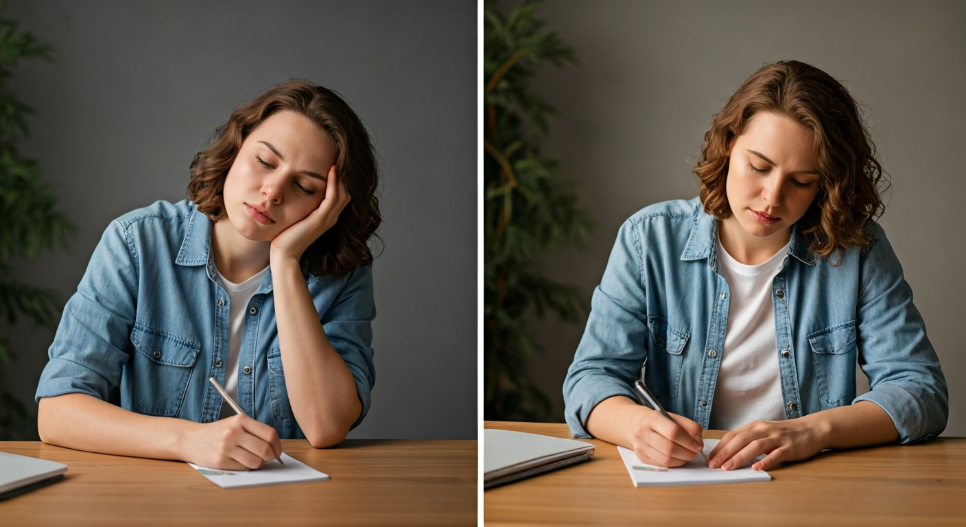 A composite image showing a person transitioning from feeling unmotivated and overwhelmed to being focused and productive at a clean desk, symbolizing regained motivation.