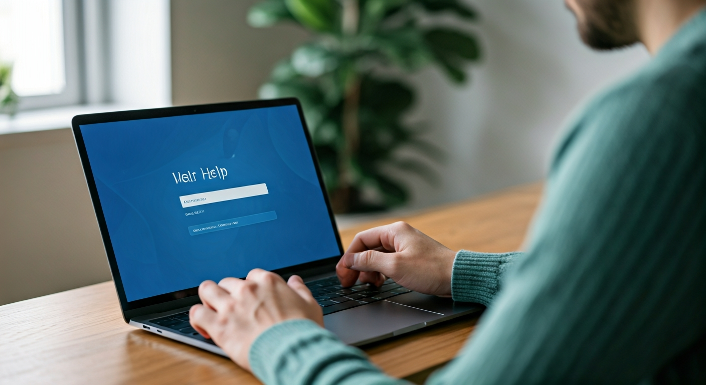 A person using a Windows laptop, focused on the 'Get Help' application interface to find solutions to a computer issue.
