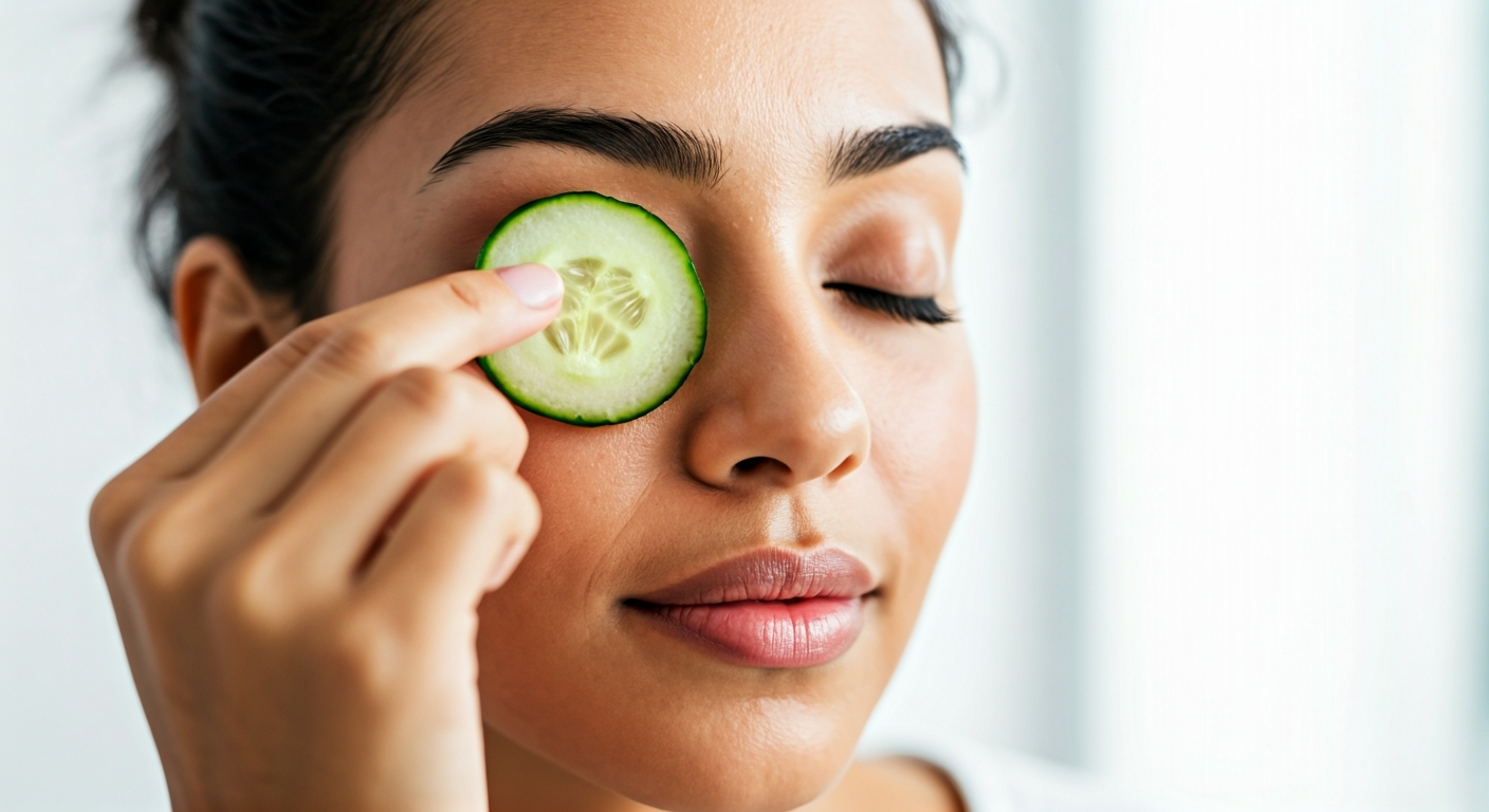 A person with clear skin gently placing a chilled cucumber slice over their closed eye, demonstrating a common home remedy for eye bags.
