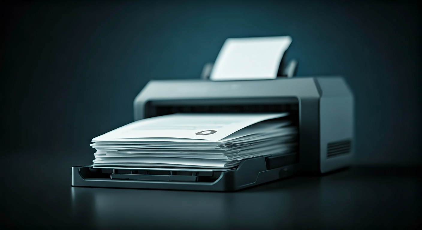 Three perfectly collated stacks of documents in a printer output tray, each stack clearly showing page 1 on top, followed by pages 2 and 3, illustrating sequential sets.