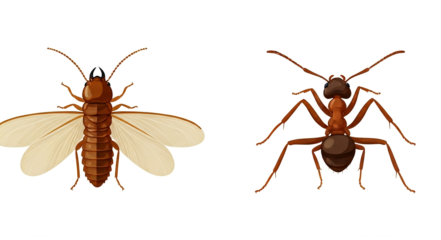 Illustration comparing a termite swarmer and an ant swarmer, showing differences in antennae (straight vs. elbowed) and wing size (equal vs. unequal).