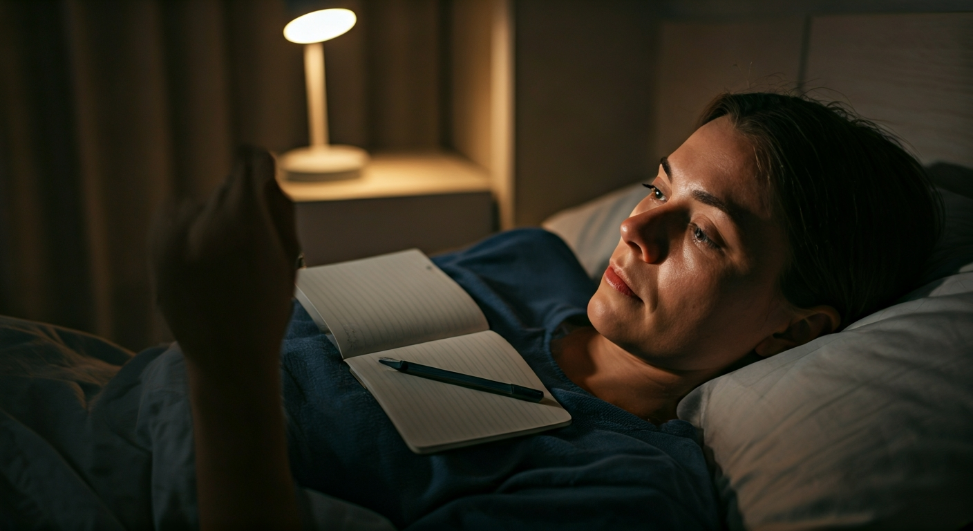 A person calmly journaling in bed at night, their thoughts externalized onto paper under the soft glow of a bedside lamp.