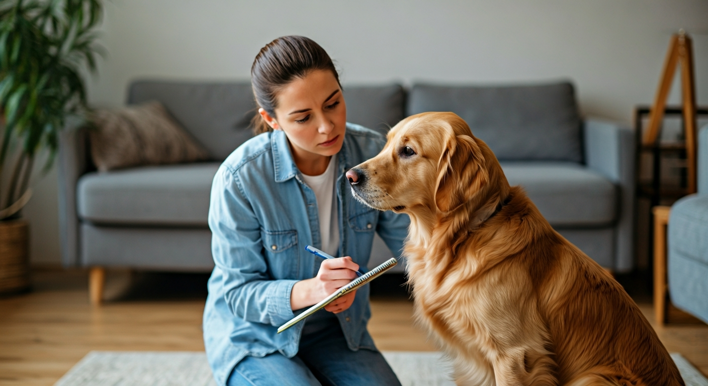 A woman observing her golden retriever, taking notes to understand its anxious behavior in a living room.