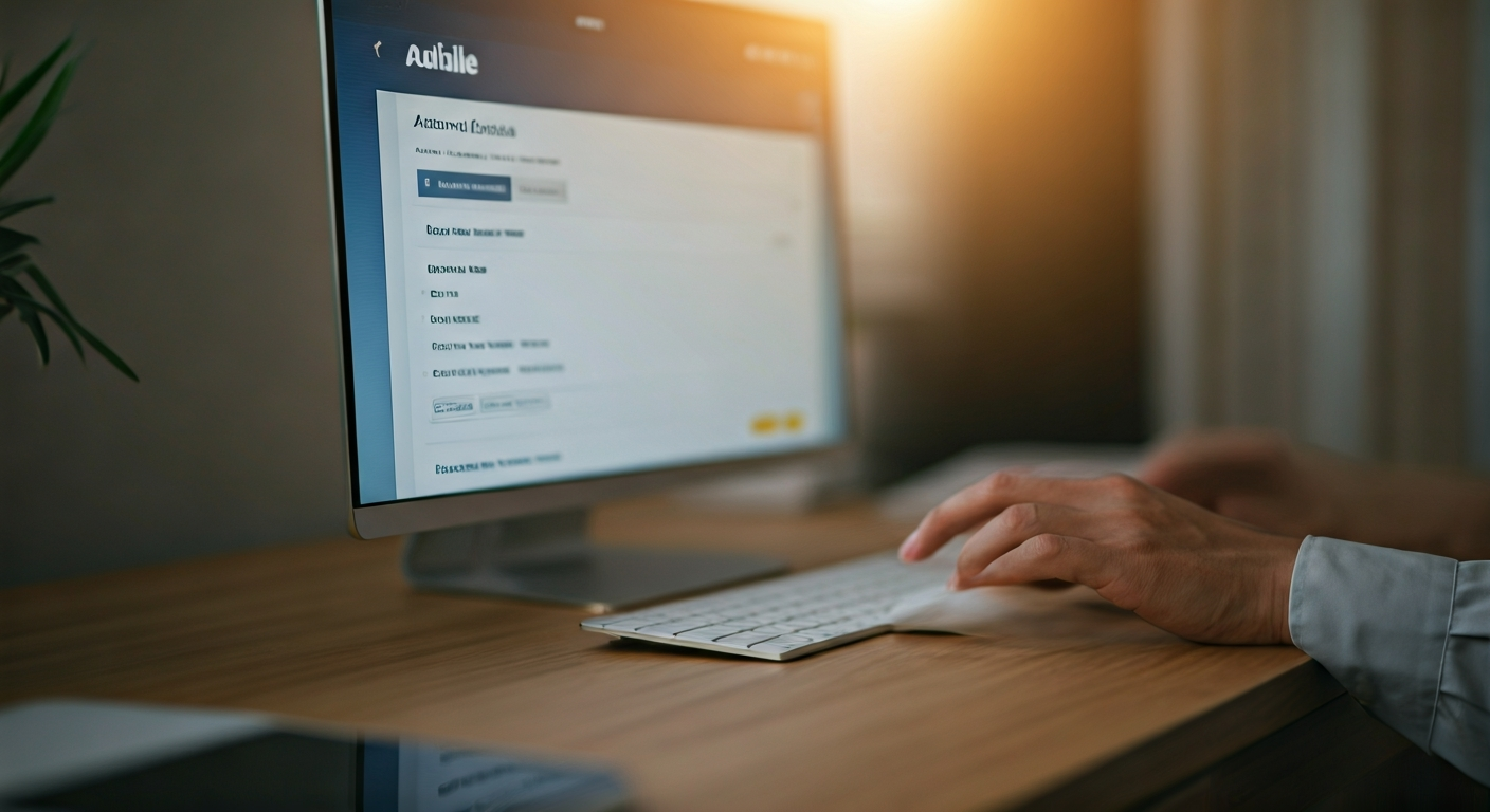 Hand holding a mouse, pointing to the 'Cancel membership' link on the Audible account details page on a computer screen.