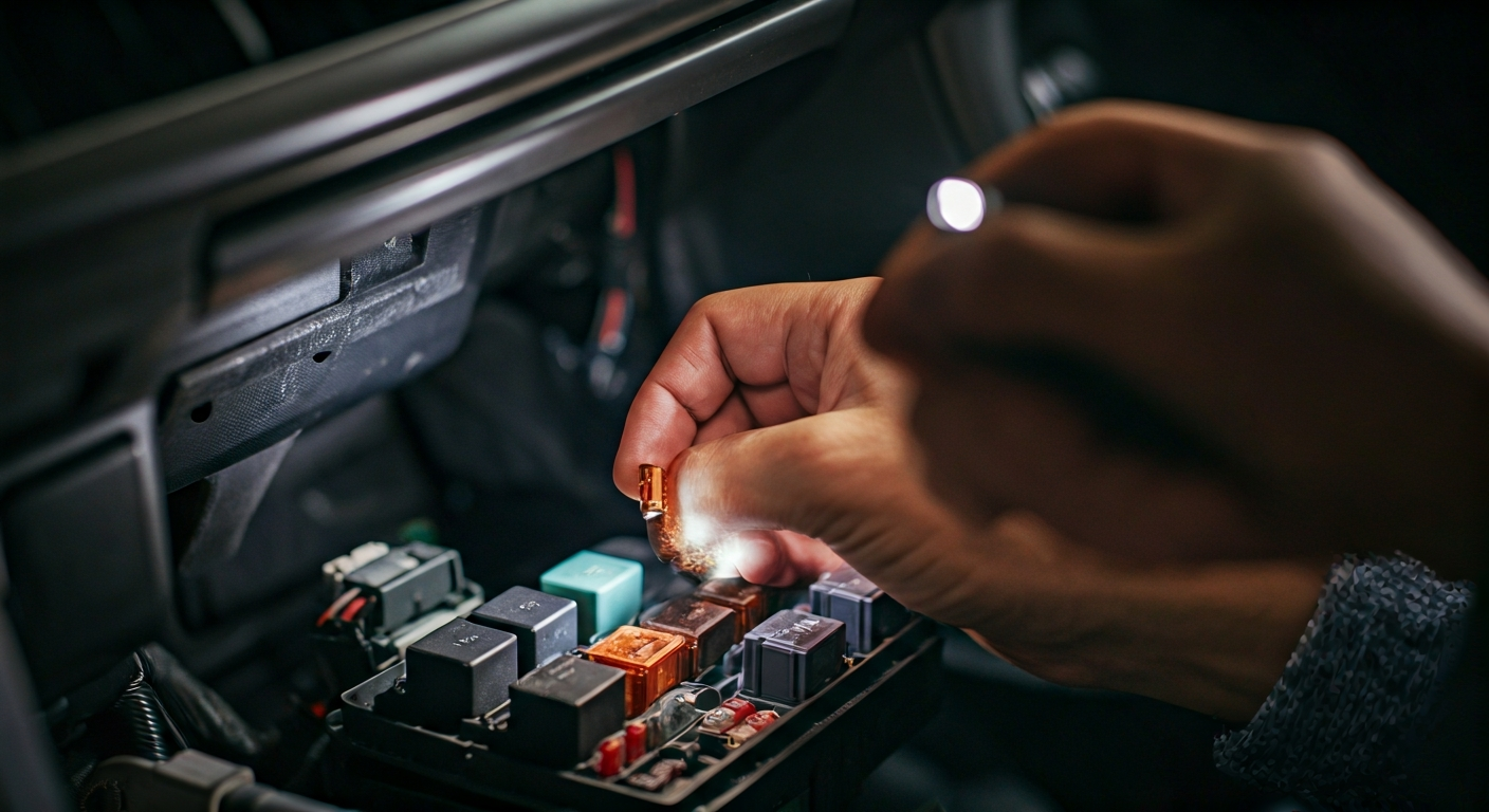 A person's gloved hand using a fuse puller to remove a small blade fuse from an open car fuse box located under a dashboard, illuminated by a flashlight.