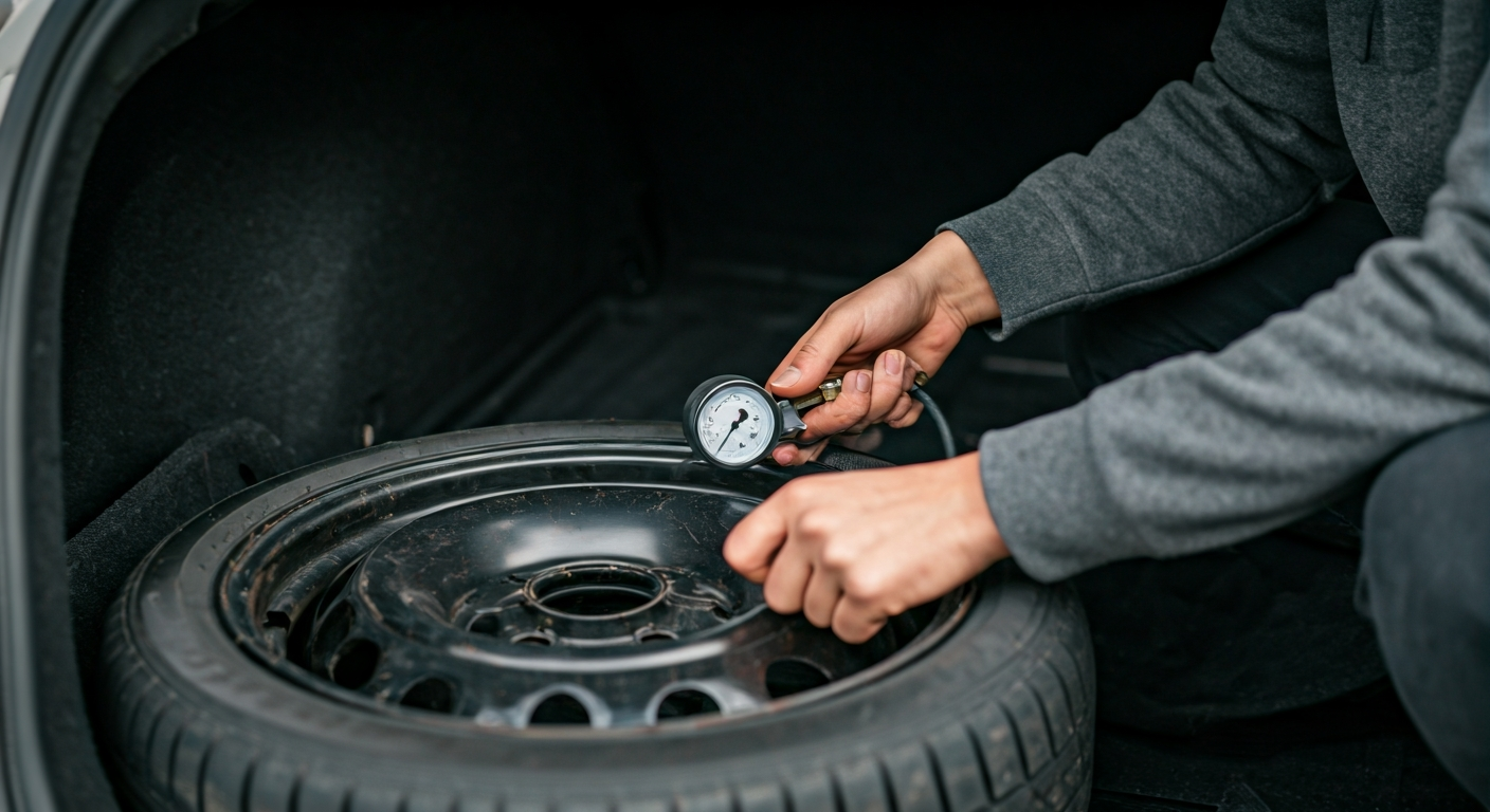 A person using a tyre pressure gauge to check the inflation of a spare tyre stored in the boot of a vehicle, ensuring it is ready for an emergency.