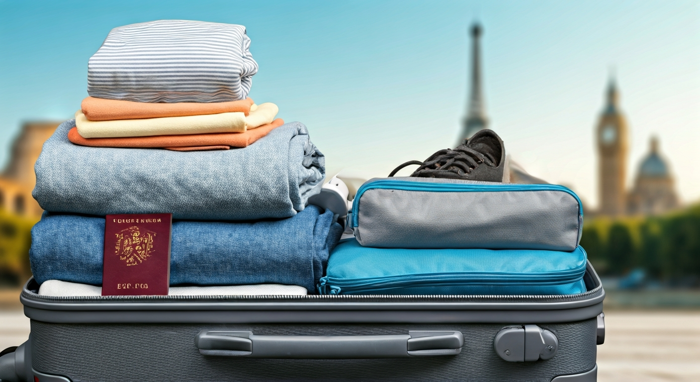 An open suitcase, meticulously organized with packing cubes, layered clothing, walking shoes, a universal adapter, passport, and toiletries for a Europe trip.
