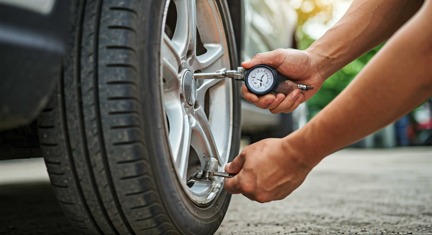 A person uses a digital tire pressure gauge to check the air in a car tire in a well-lit garage, highlighting the importance of regular tire maintenance.