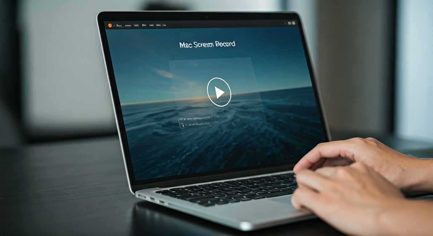 A close-up of a person's hands using a MacBook Pro to screen record. The laptop screen displays a screen recording application with a prominent 'Record' button and 'Mac Screen Record' text, set in a modern office environment.