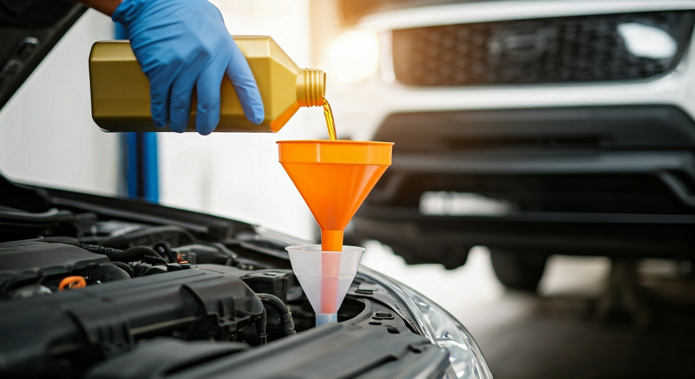 A person pouring new engine oil into a car's engine with a funnel, while used oil drains into a pan underneath the vehicle supported by jack stands.