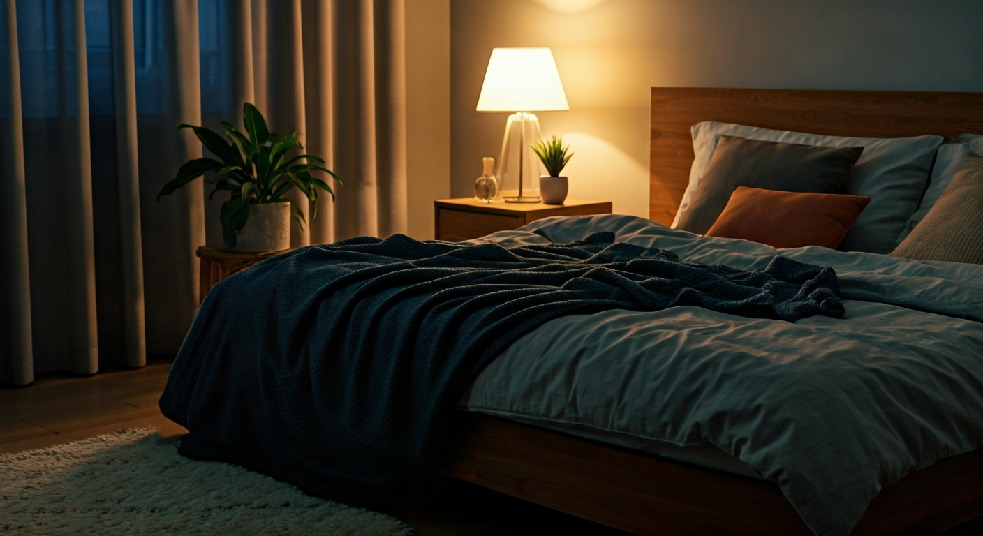 A person engaging in a relaxing activity in a calm, dimly lit bedroom before sleep, featuring soft lighting and a tranquil atmosphere.