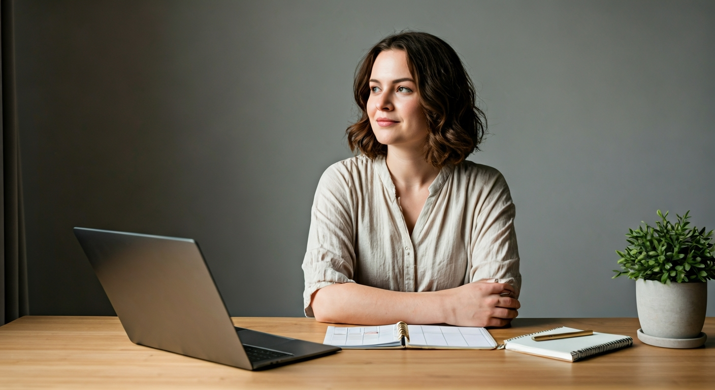 A person peacefully working at a tidy desk with a digital planner and journal, demonstrating calm, focused discipline without stress.