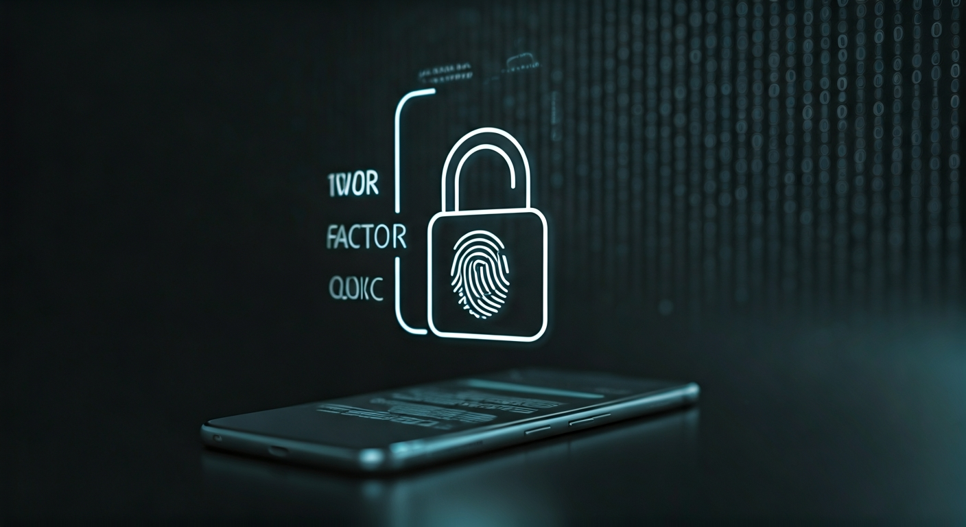 Conceptual image depicting two-factor authentication with a padlock, a smartphone showing a verification code, and a fingerprint.