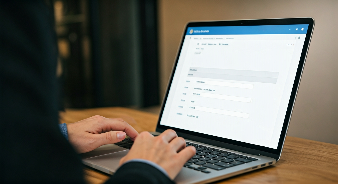 Hand using a laptop to update a LinkedIn profile. The screen displays the 'Add experience' section, showing fields for title, company, dates, and description for a new promoted role.