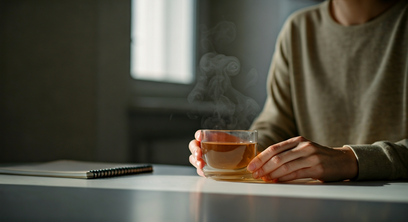 A person sitting at a minimalist desk, hands gently holding a cup of tea, looking contemplatively at the steam. The image conveys calm, focus, and a sense of presence in a peaceful environment.
