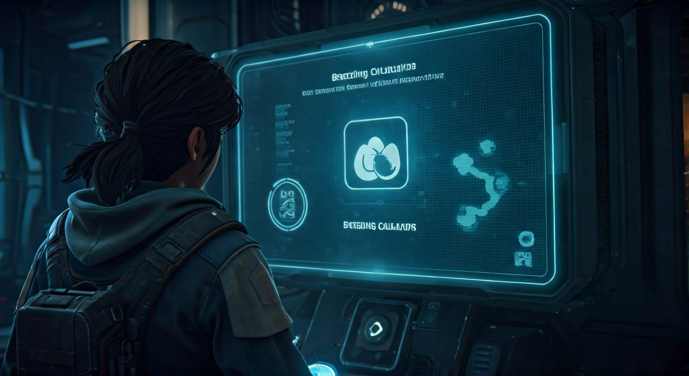A Palworld player using a holographic breeding calculator to predict offspring.