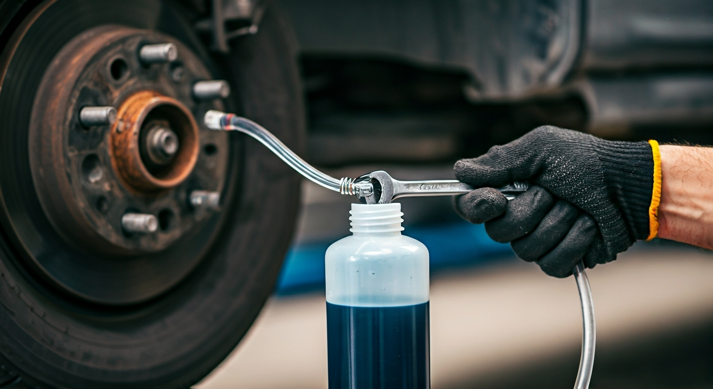 A gloved hand uses a wrench on a brake caliper bleeder screw, connected to a clear hose draining fluid and bubbles into a collection bottle, demonstrating brake bleeding.