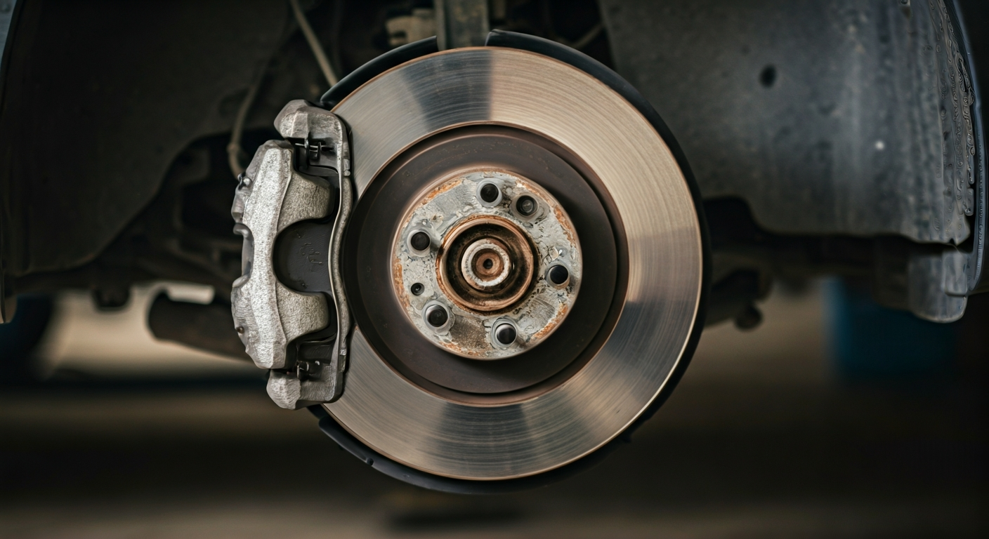 Close-up of a worn car brake assembly, showing a thin brake pad with wear indicator and a deeply grooved brake rotor.
