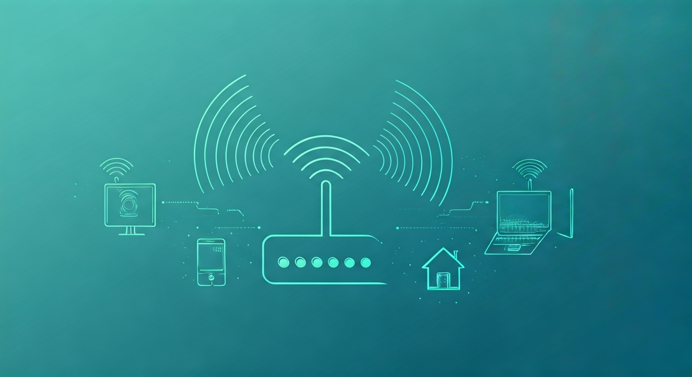 Abstract illustration of a central Wi-Fi router icon emitting blue and green radio waves that connect to various devices like a laptop, smartphone, and smart home hub, representing wireless connectivity and data transfer.