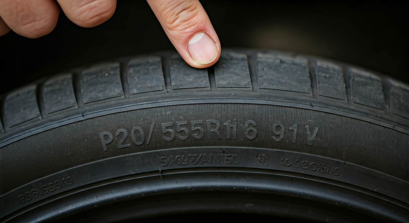 Close-up view of a car tire sidewall displaying alphanumeric size codes like P205/55R16 91V, with a person's hand pointing to the numbers for easy identification.