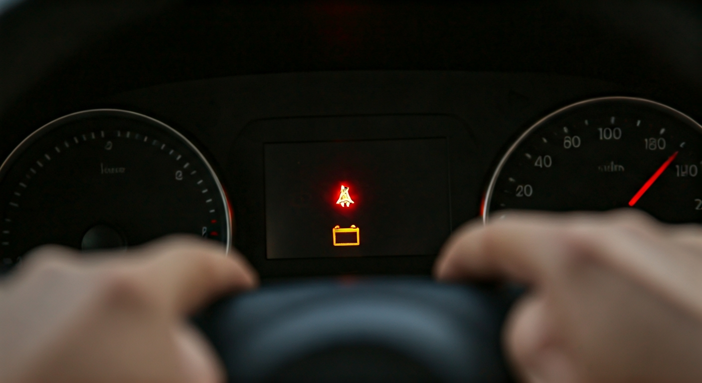 Dashboard showing an illuminated battery warning light, indicating a potential battery or charging system issue.