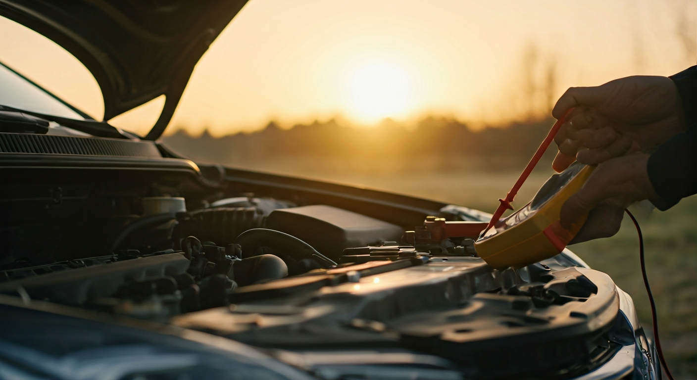 Person using a multimeter to test a car battery with the hood open at dawn, surrounded by wires and a diagnostic atmosphere.