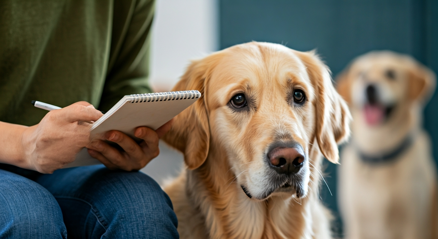 A dog owner observing their anxious Golden Retriever, holding a notebook, considering professional help. A dog trainer works with another dog in the background.