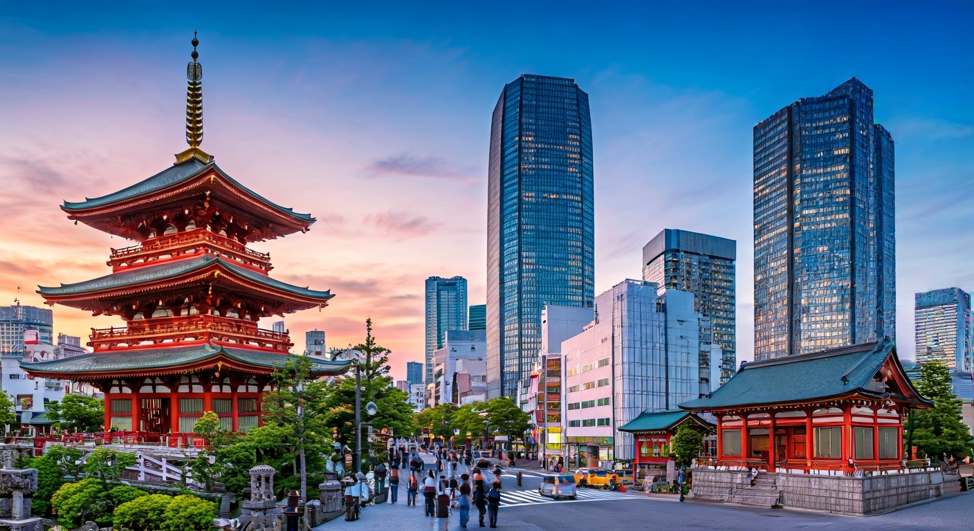 A vibrant panoramic view of Tokyo, showing traditional red torii gates on the left foreground, contrasting with modern skyscrapers and neon lights on the right, under a clear sky.