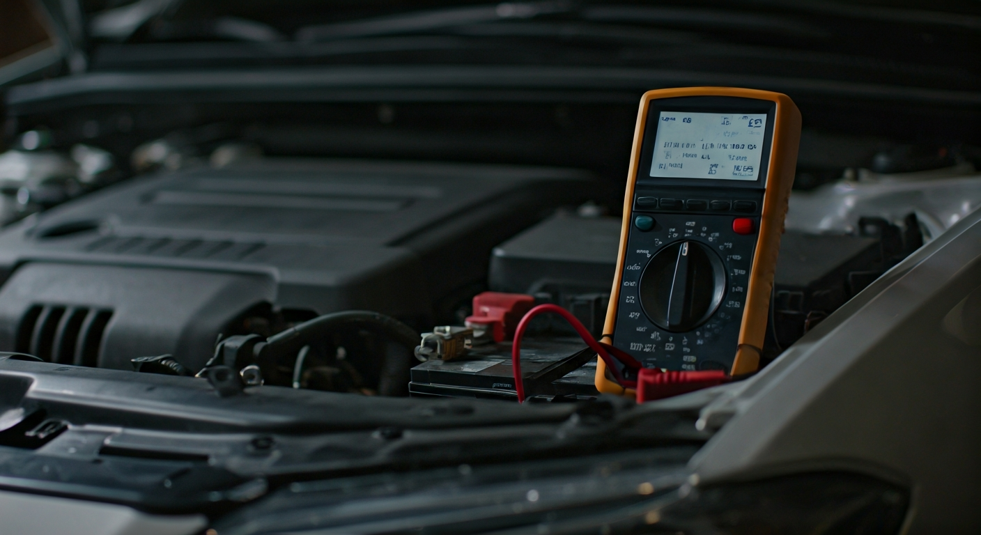 Multimeter connected to a car battery terminal in an engine bay at night, diagnosing an electrical issue.