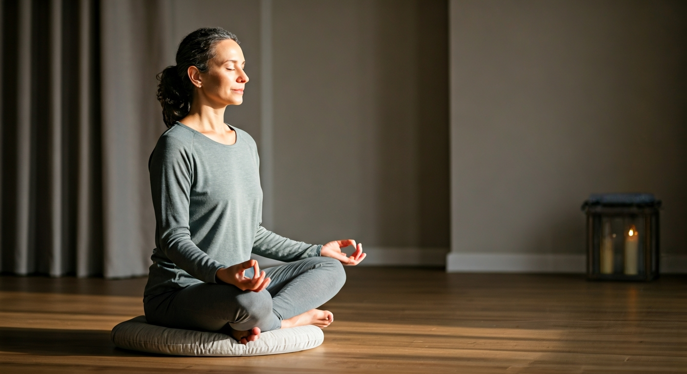 A person with closed eyes meditates peacefully on a cushion in a serene room, bathed in soft, natural light, reflecting calm and focus.