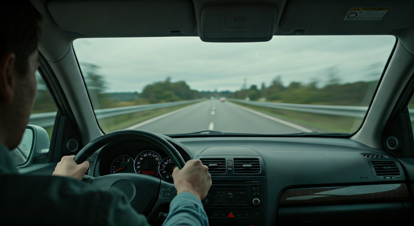 A driver's hands gripping a vibrating steering wheel on a dashboard with a blurred road visible through the windshield, conveying concern.