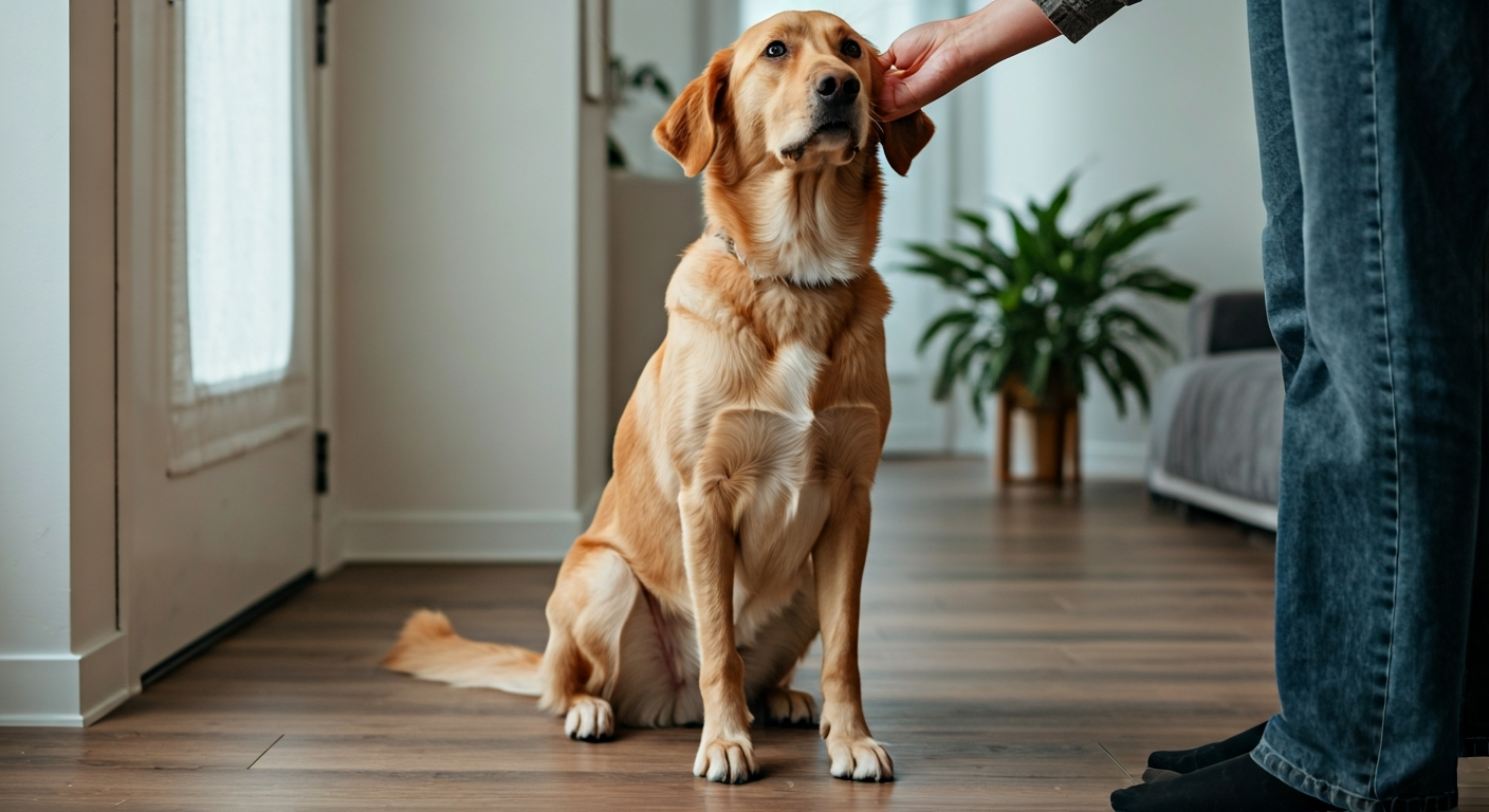 A happy dog sitting calmly on the floor as a person greets it, demonstrating polite behavior instead of jumping.