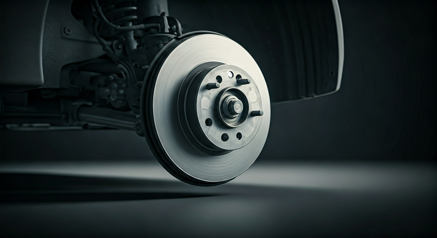 Cutaway view of a disc brake system, showing severely worn brake pads with metal backing plates grinding against a grooved and damaged brake rotor, with visible sparks.