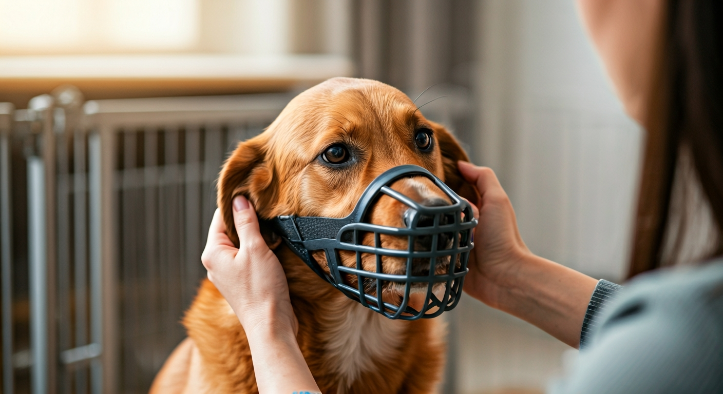 A person carefully putting a basket muzzle on a medium-sized dog in a living room with a dog gate in the background, demonstrating safe handling of an aggressive dog.