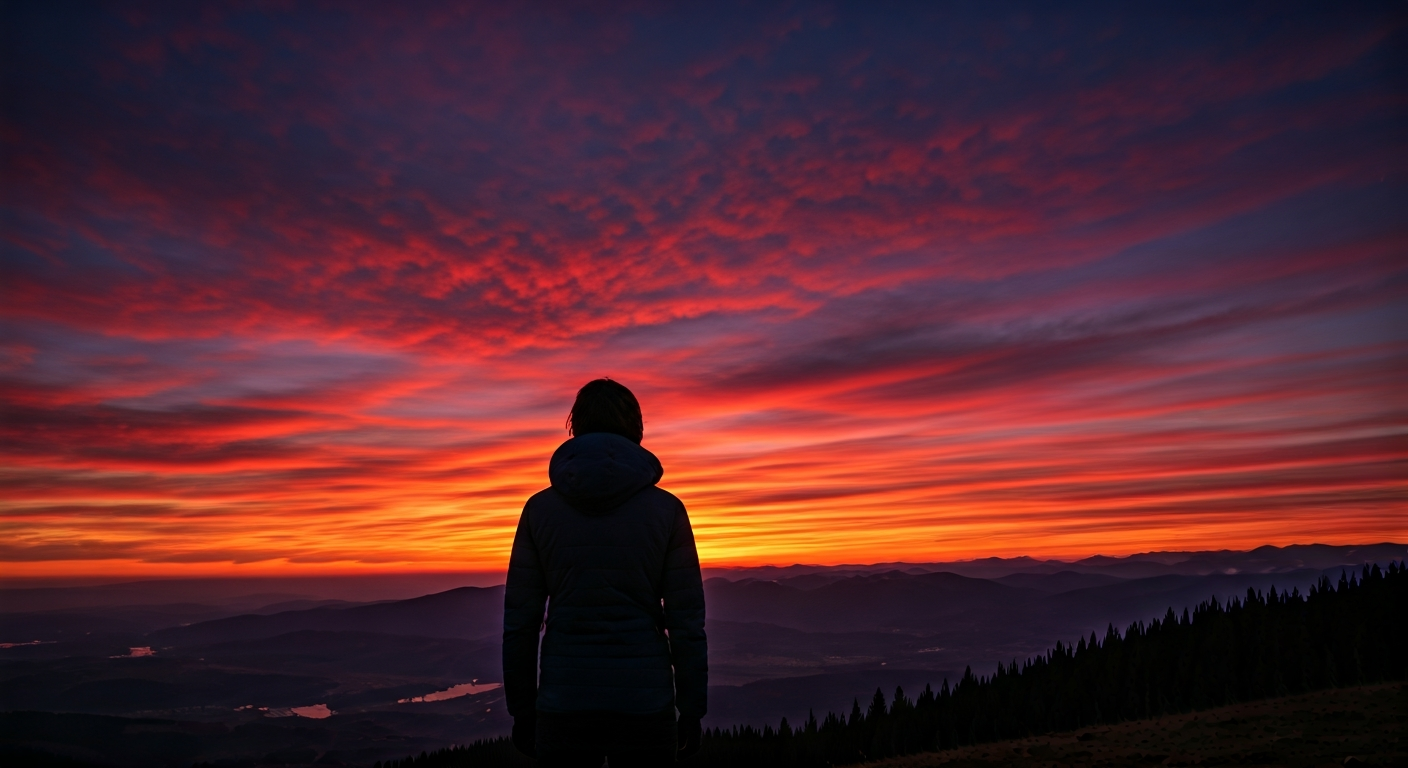 A person gazes at a dramatically red and orange sunset over a vast landscape, illustrating atmospheric light scattering.