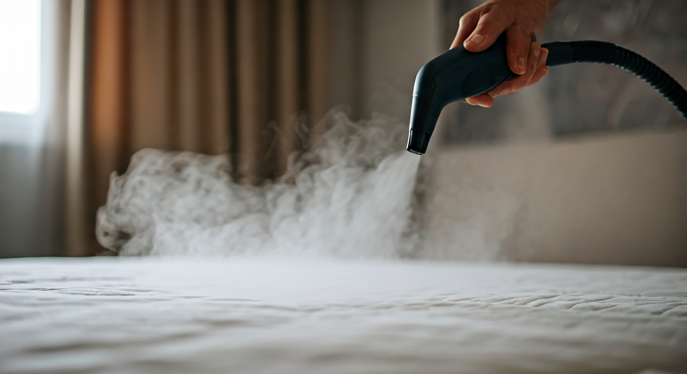 A person's hand using a dry vapor steam cleaner on a mattress, emitting a fine, almost invisible mist of steam for sanitation.