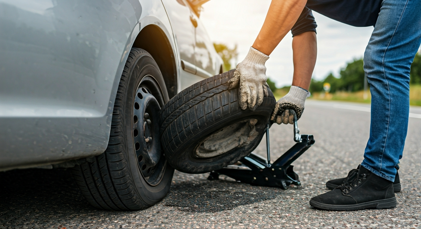 A person safely changing a flat tire on a grey sedan on a roadside. The car has hazard lights on, and the individual uses a jack and lug wrench to replace the flat tire with a spare. The scene emphasizes proper technique and safety.