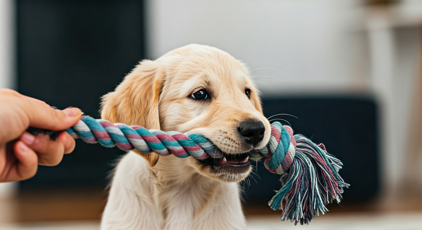 A happy puppy gently chews on a rope toy, learning bite inhibition with a human hand calmly nearby, illustrating positive reinforcement training in a home setting.