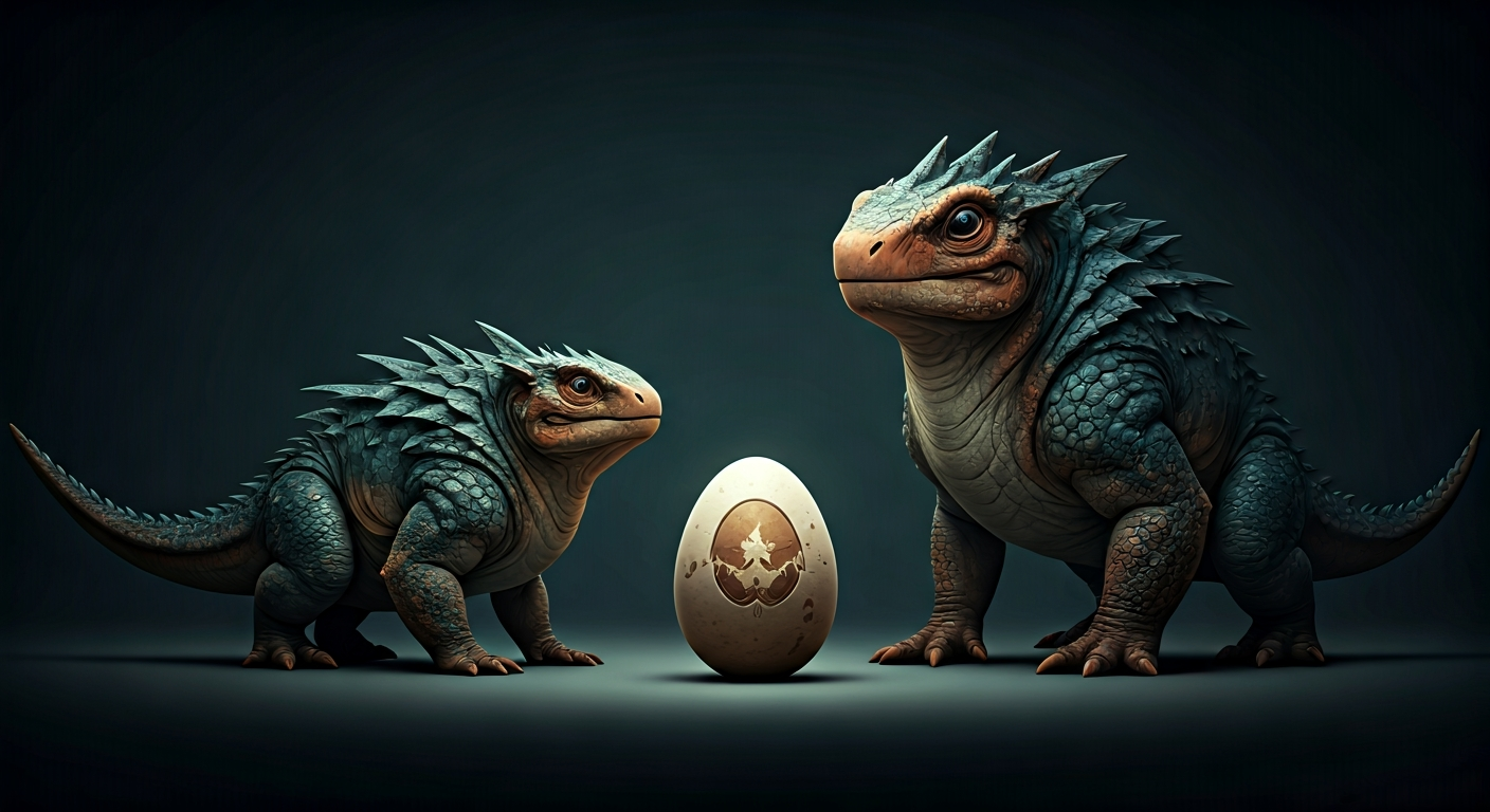 Two distinct Palworld creatures, one large and one small, standing near a glowing egg, illustrating the concept of Palworld breeding groups.