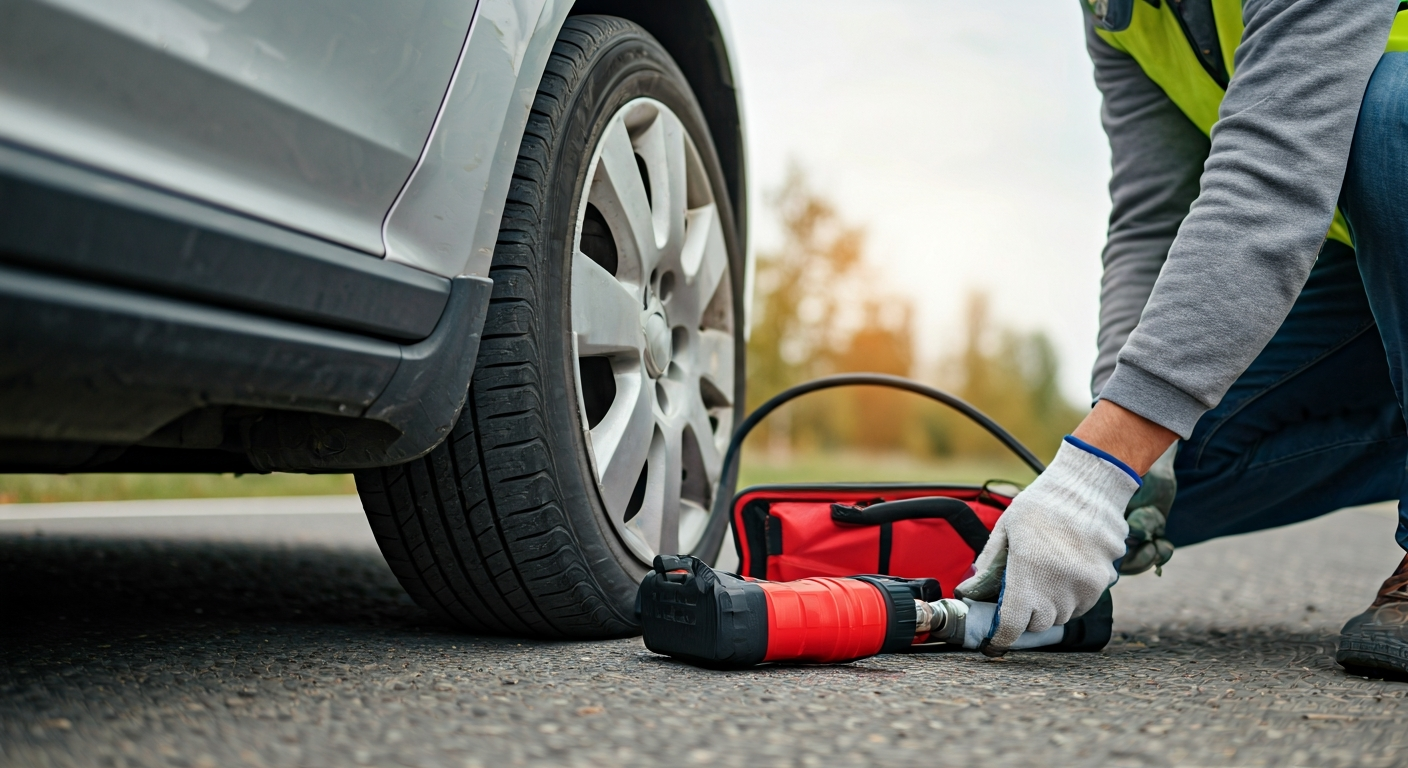 A person uses an emergency tire repair kit on a flat tire, connecting a sealant and compressor device to the tire valve, with a car's hazard lights flashing in the background.