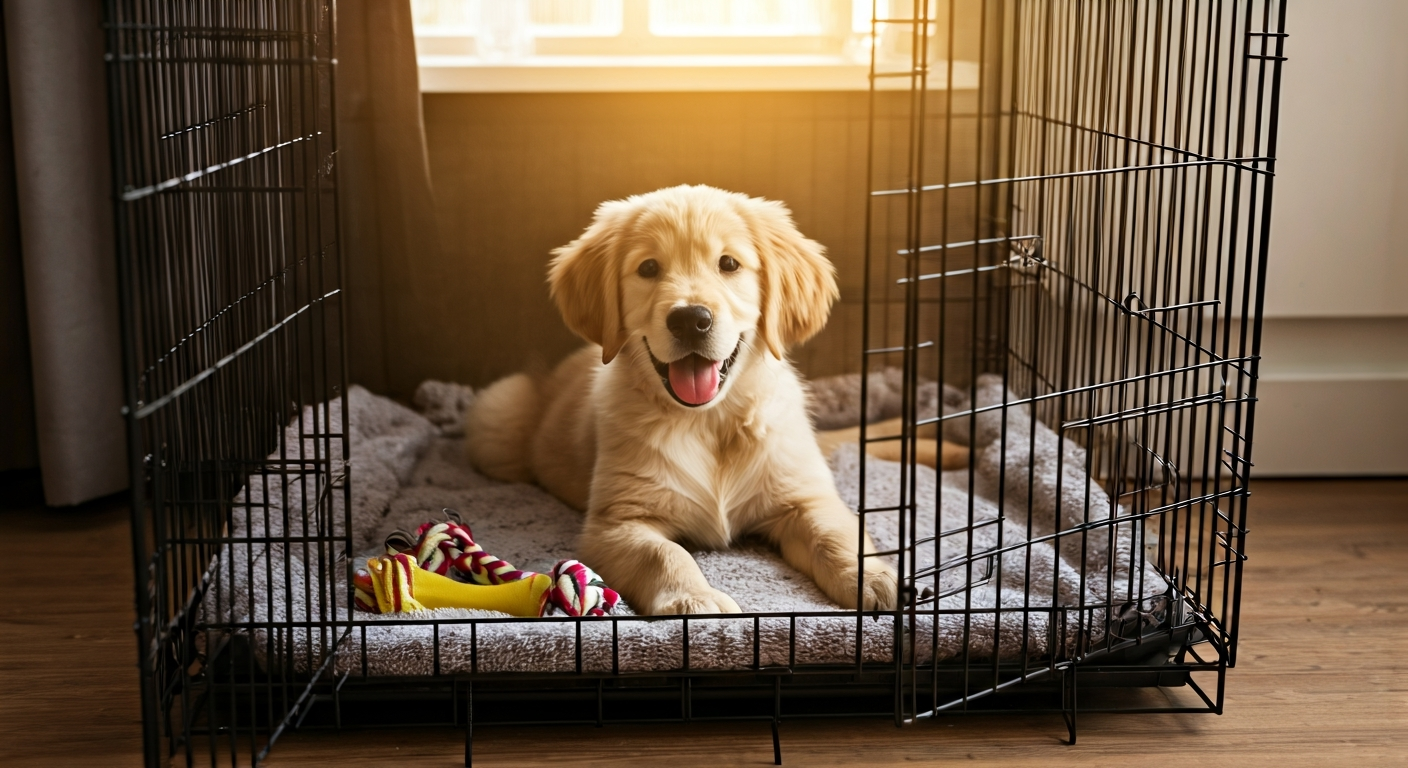 A happy golden retriever puppy comfortably resting inside a clean, modern wire crate with a soft blanket and a chew toy. The crate door is open.