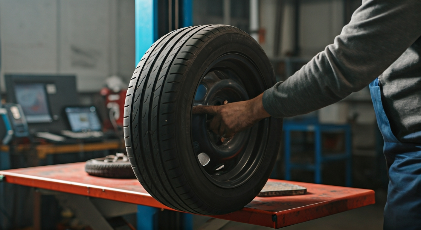 A tire technician points to a nail in a car tire's tread while inspecting it on a lift, illustrating the common cause of a flat tire.
