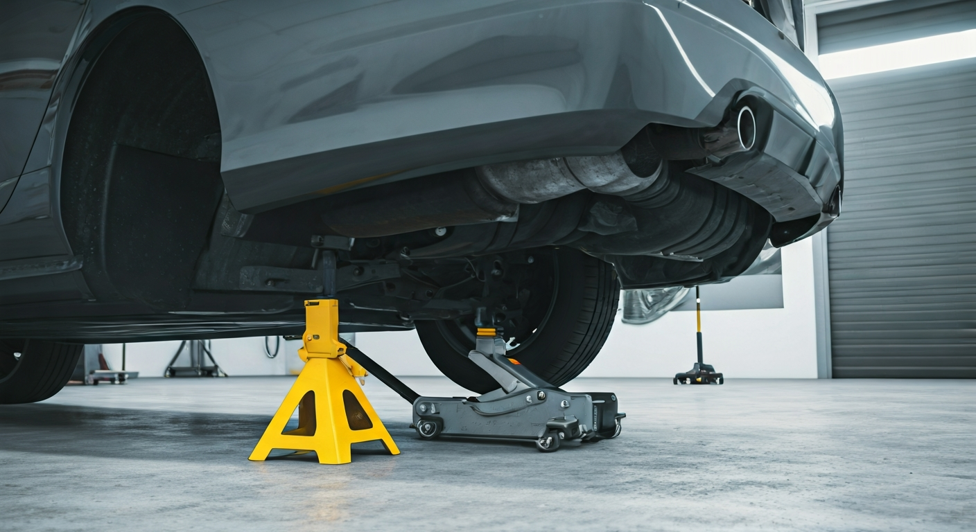 A car lifted safely off the ground, supported by two yellow jack stands under its frame, with a hydraulic floor jack still positioned under a central jacking point. Wheel chocks secure the rear wheels on a level garage floor.