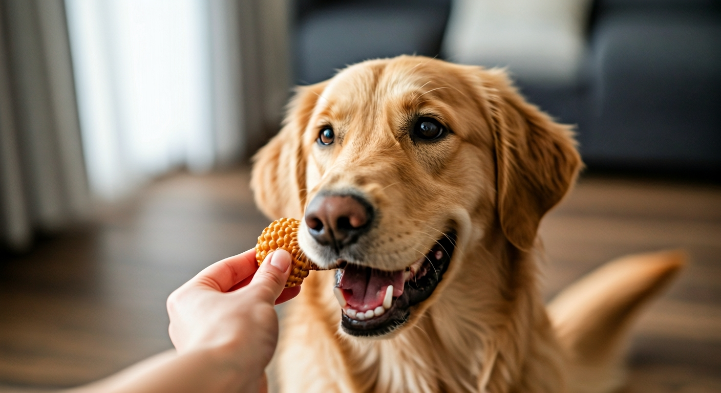 A happy dog trading a low-value toy for a high-value treat from a human hand, illustrating positive resource guarding training.