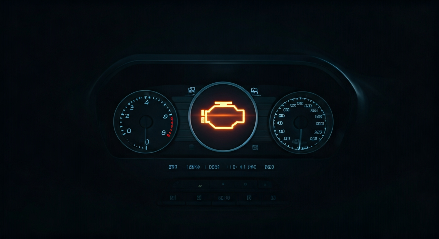 A minimalist graphic of a car's dashboard focusing on a glowing orange check engine light icon. The background features subtle, abstract circuit board patterns, symbolizing vehicle diagnostics.