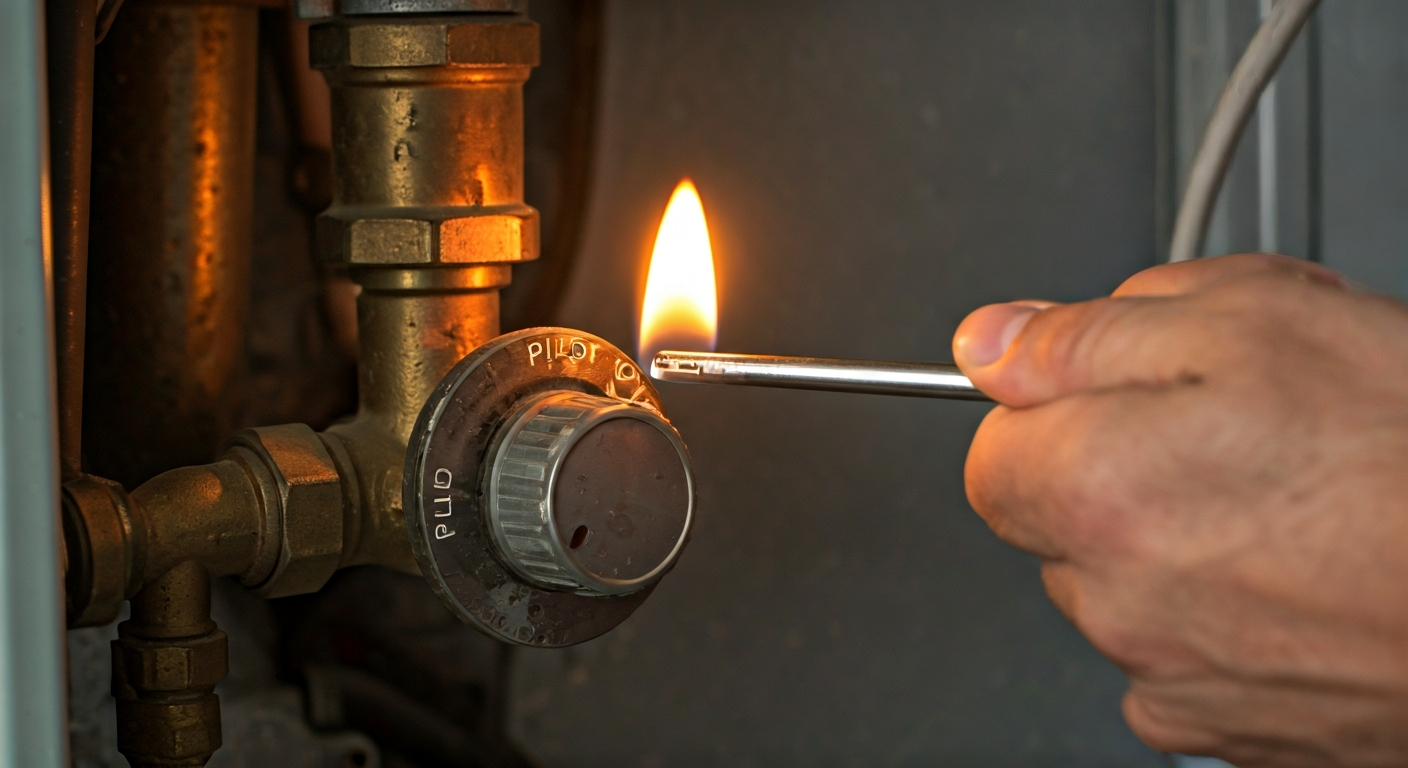 A person using a long-nozzle lighter to ignite a furnace pilot light while pressing the control knob.