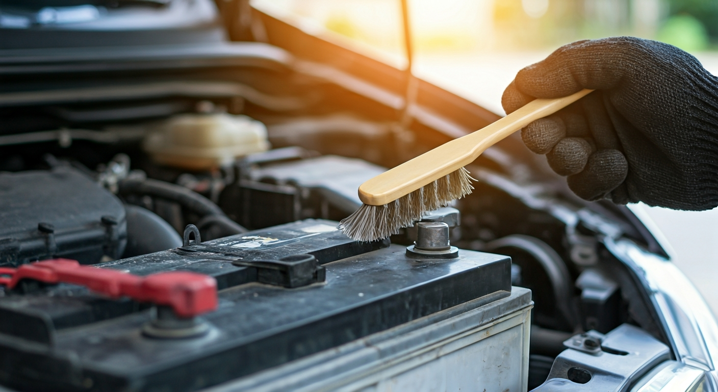 A hand wearing a glove cleans a corroded car battery terminal with a wire brush, highlighting a common car starting problem fix.