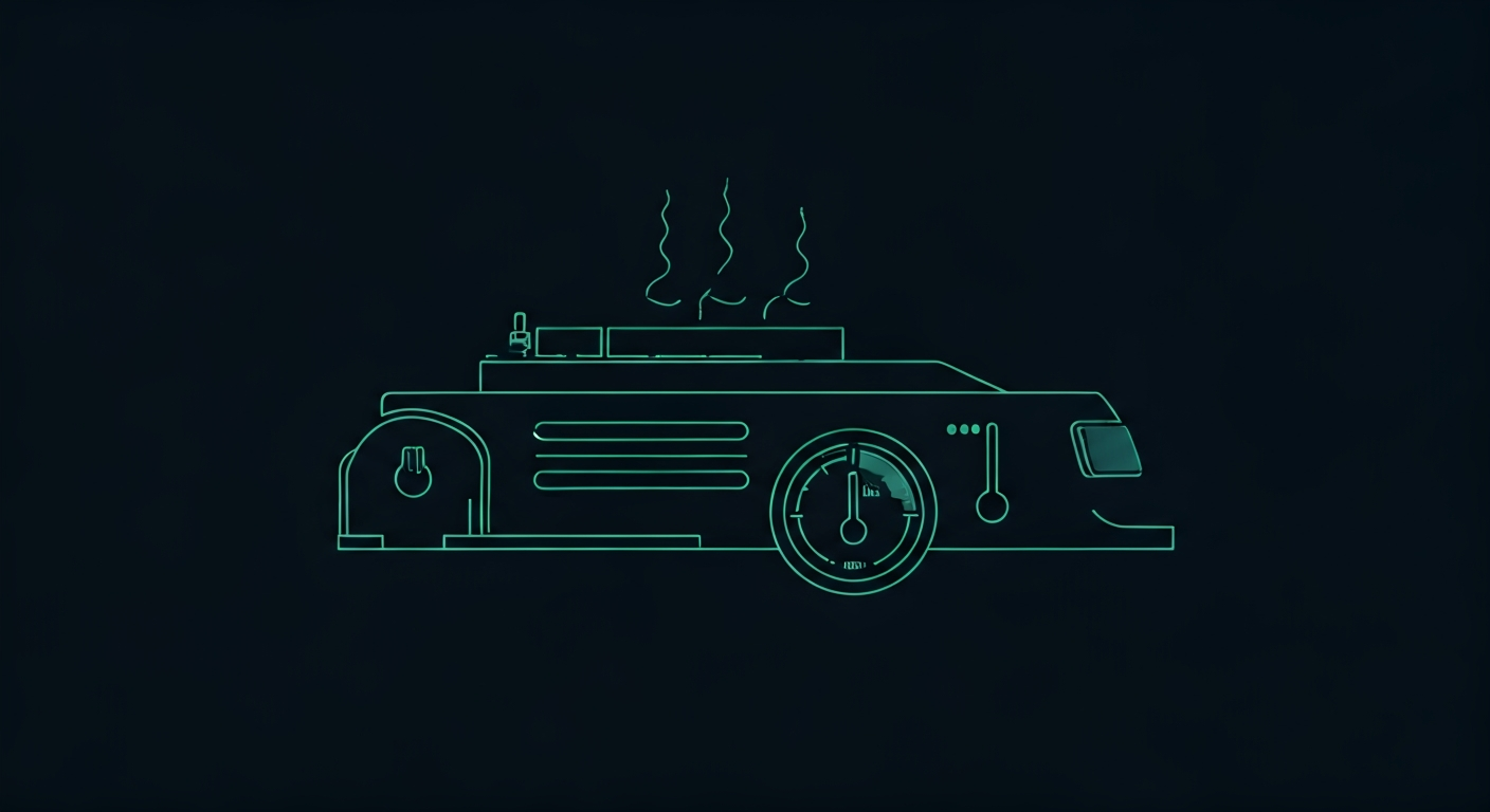 Illustration of a car engine with a low coolant warning, steam, and an overheating temperature gauge.