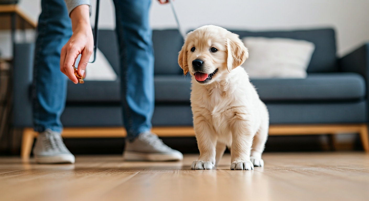 Person gently guiding a Golden Retriever puppy on a leash in a living room, demonstrating positive training methods.